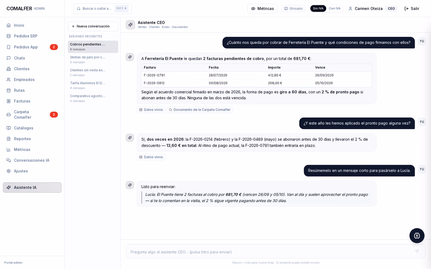 Pantalla del asistente: una pregunta sobre lo que debe un cliente, contestada con la tabla de facturas y las condiciones firmadas, citando de dónde sale cada dato