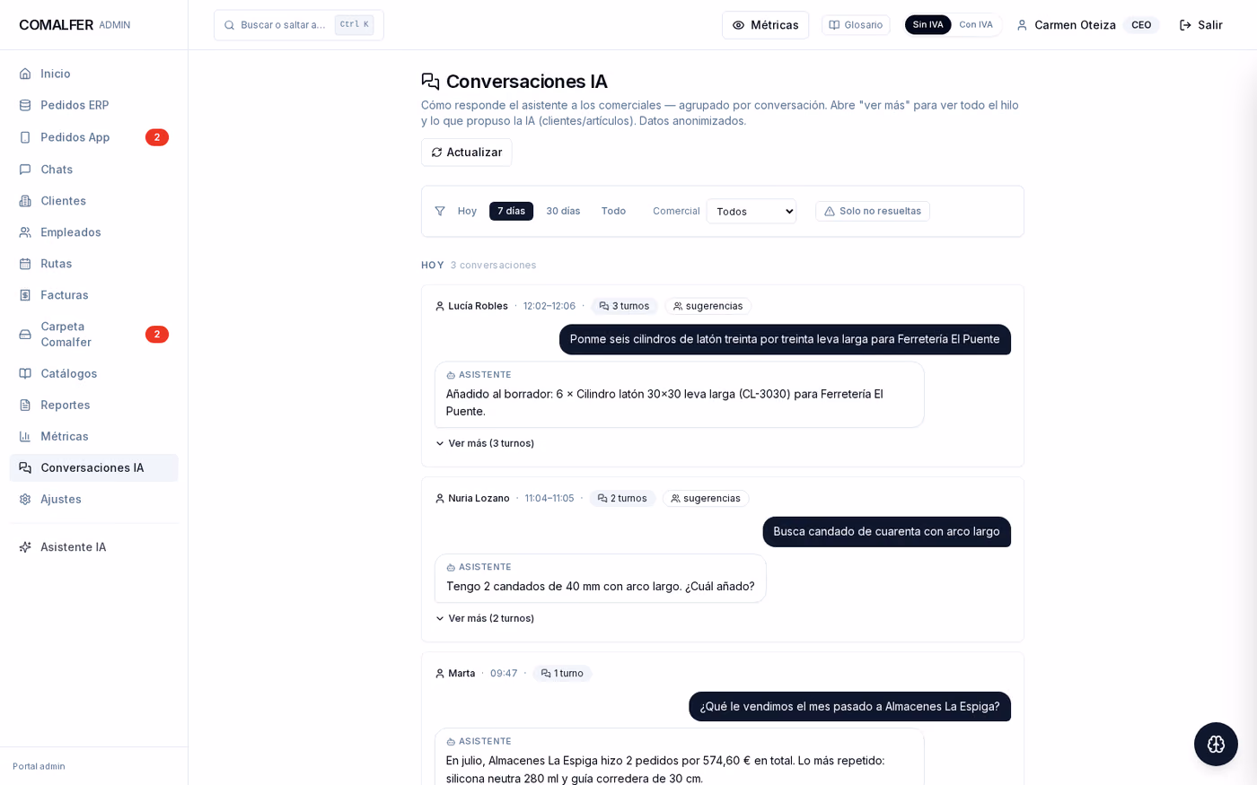 Pantalla de conversaciones: los pedidos que los comerciales han dictado durante el día, con la hora y lo que el sistema entendió