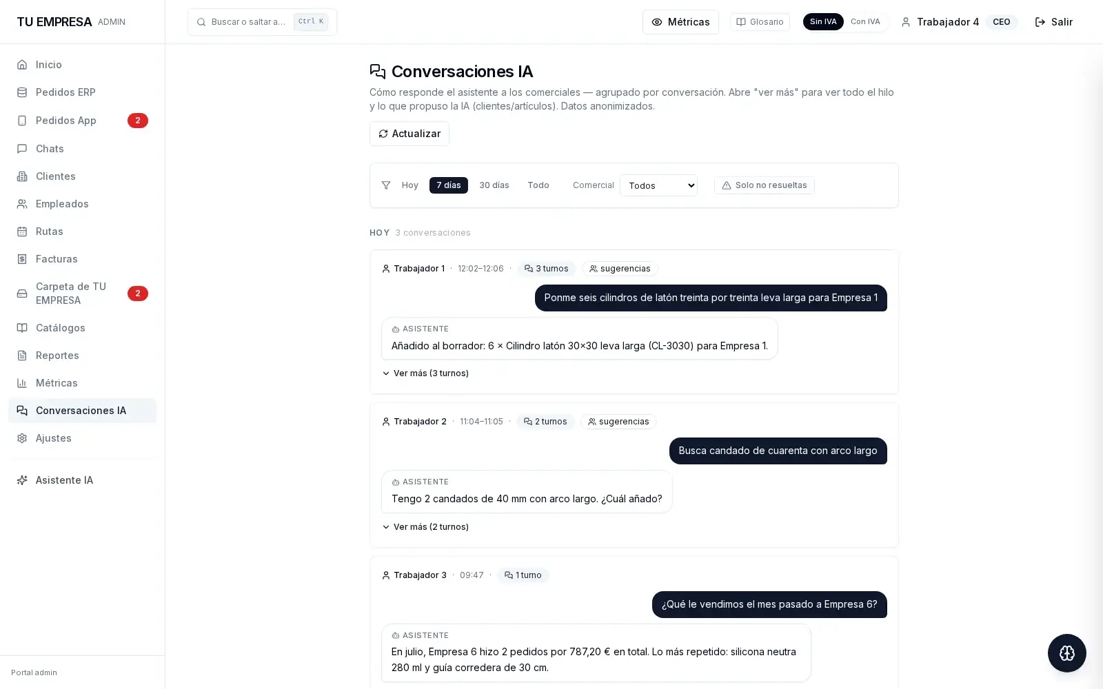 Registro de ejemplo de las conversaciones del asistente con tres comerciales: pedidos dictados, búsqueda de artículos y consultas de clientes.